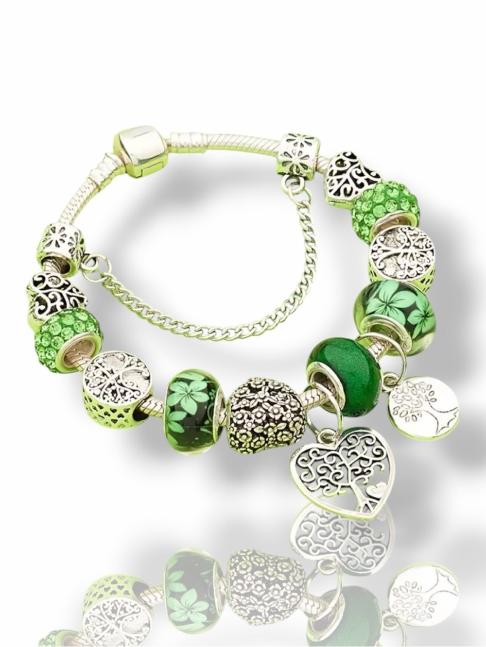 GreenCharm Bracelet with Tree of Life Heart Pendants Boho Silver